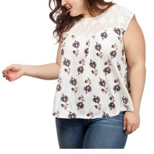 Lucky Brand Printed Crochet Top ( Plus Size)